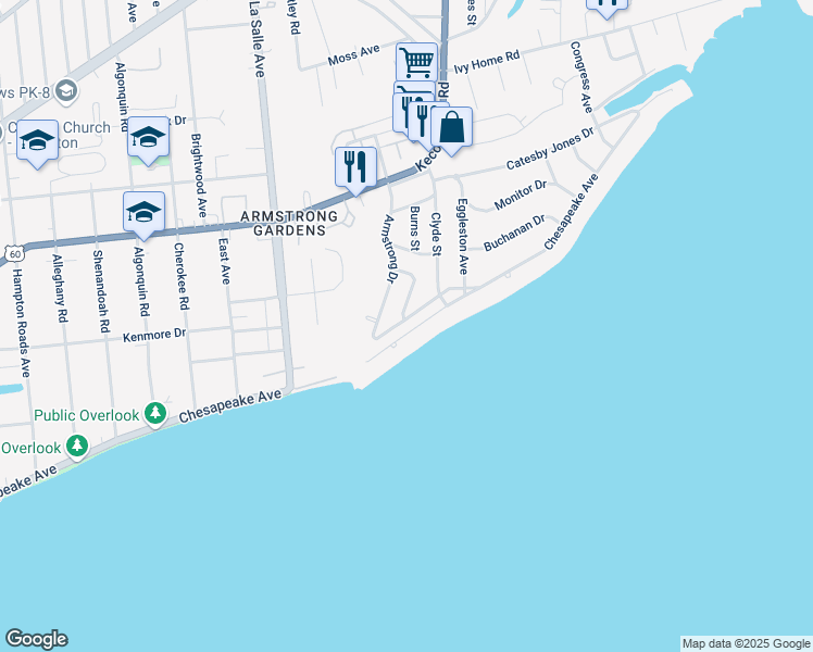 map of restaurants, bars, coffee shops, grocery stores, and more near 3814 Roads View Avenue in Hampton