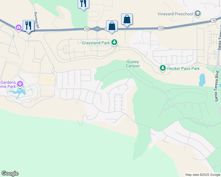 map of restaurants, bars, coffee shops, grocery stores, and more near 2530 Muirfield Way in Gilroy