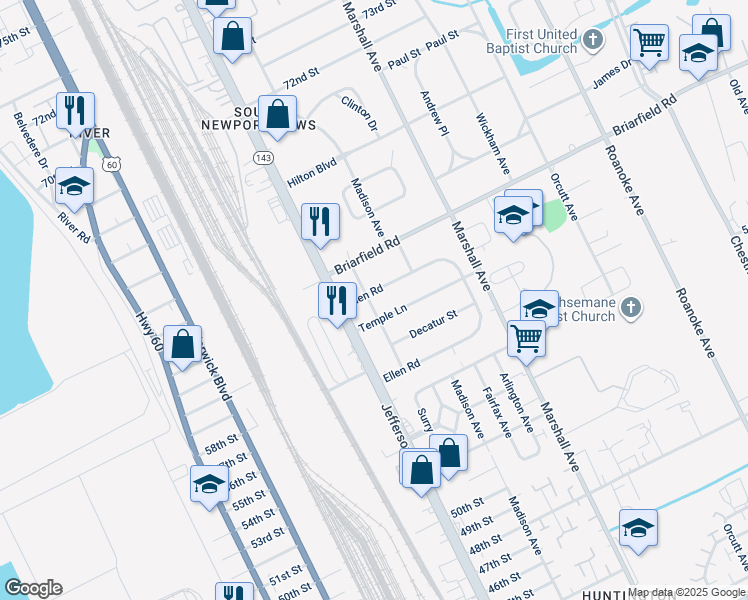 map of restaurants, bars, coffee shops, grocery stores, and more near 606 Ellen Road in Newport News