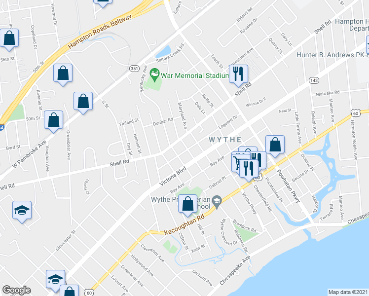 map of restaurants, bars, coffee shops, grocery stores, and more near 2017 Laguard Drive in Hampton