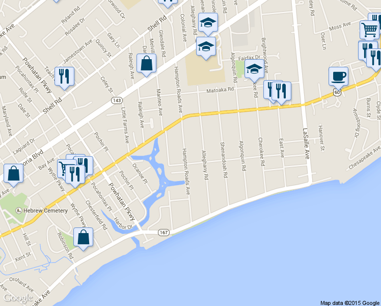 map of restaurants, bars, coffee shops, grocery stores, and more near 116 Hampton Roads Ave in Hampton