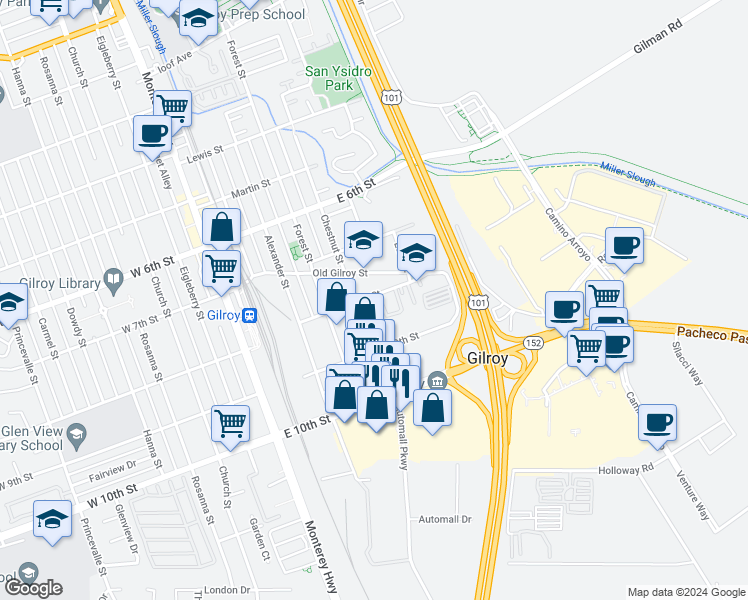 map of restaurants, bars, coffee shops, grocery stores, and more near 430 East 8th Street in Gilroy
