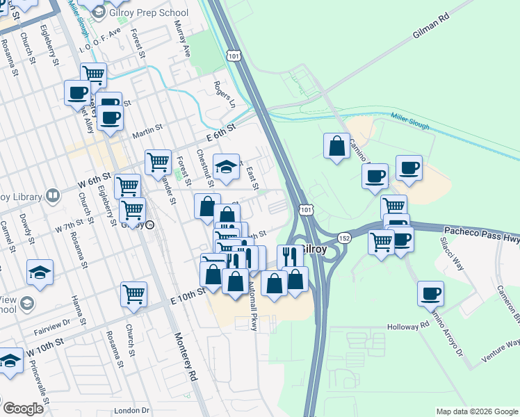 map of restaurants, bars, coffee shops, grocery stores, and more near 7151 Crocker Lane in Gilroy