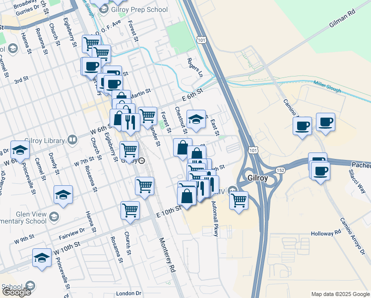 map of restaurants, bars, coffee shops, grocery stores, and more near 395 East 8th Street in Gilroy