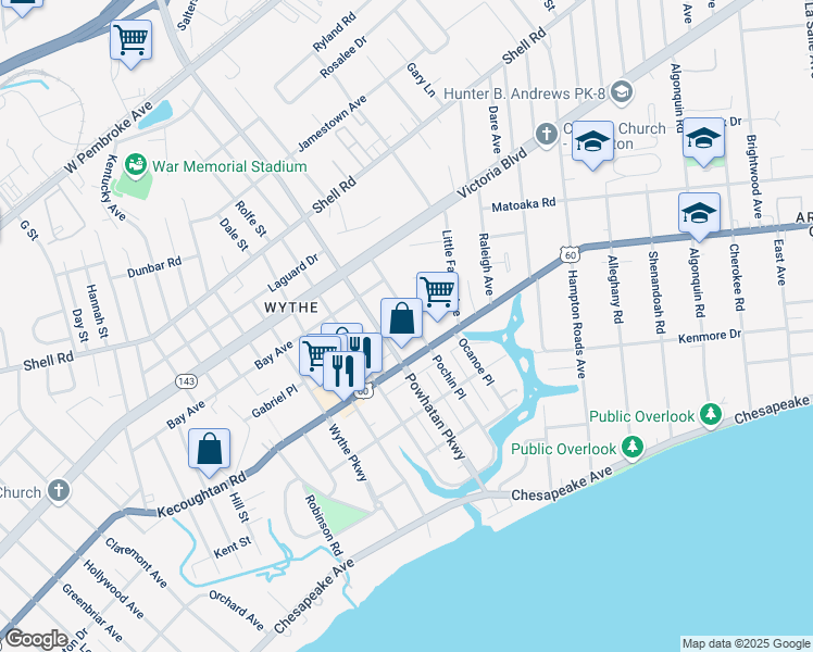 map of restaurants, bars, coffee shops, grocery stores, and more near 230 Powhatan Parkway in Hampton