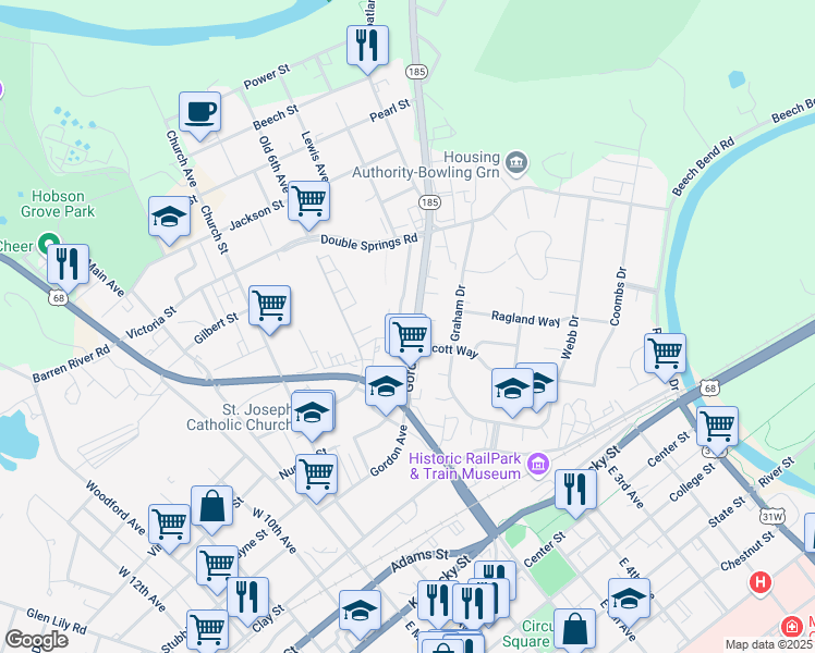 map of restaurants, bars, coffee shops, grocery stores, and more near 601-657 Gordon Avenue in Bowling Green