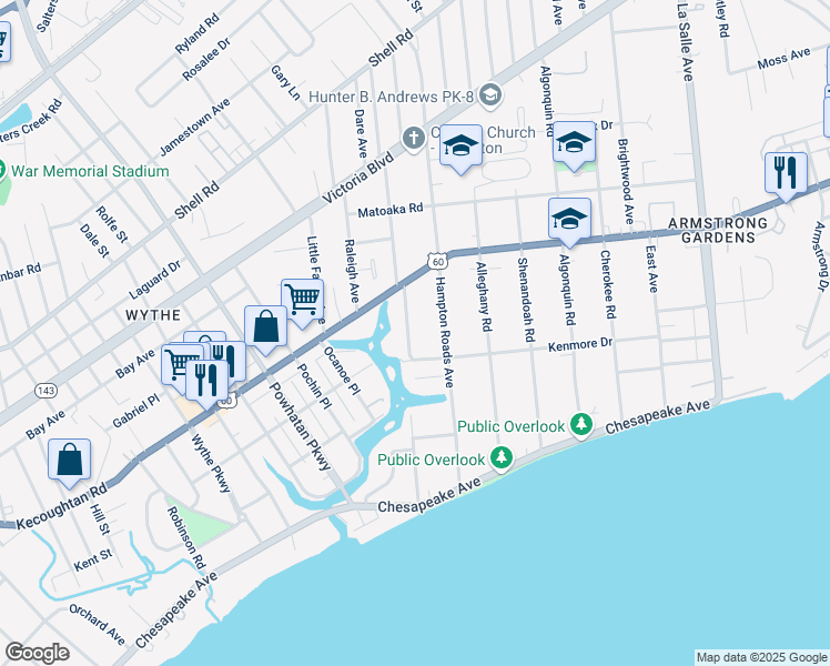 map of restaurants, bars, coffee shops, grocery stores, and more near 126 Manteo Avenue in Hampton