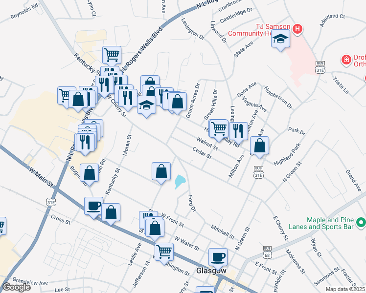 map of restaurants, bars, coffee shops, grocery stores, and more near 221 Cedar Street in Glasgow