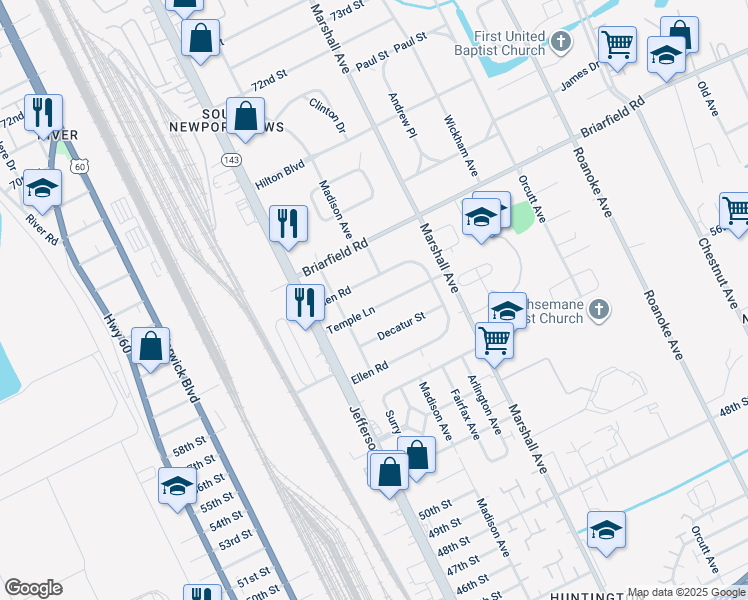 map of restaurants, bars, coffee shops, grocery stores, and more near 625 Temple Lane in Newport News