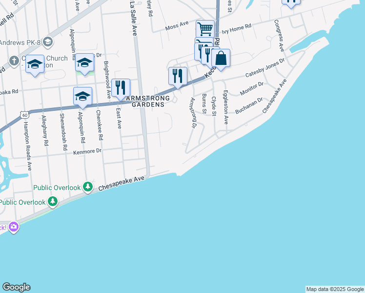 map of restaurants, bars, coffee shops, grocery stores, and more near 105 Armstrong Drive in Hampton