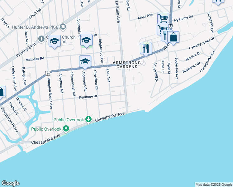 map of restaurants, bars, coffee shops, grocery stores, and more near 3617 Kenmore Drive in Hampton