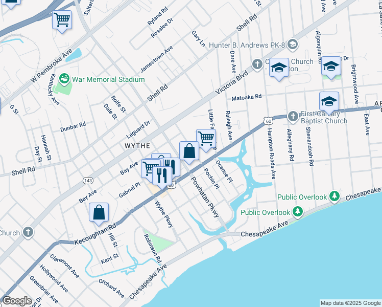map of restaurants, bars, coffee shops, grocery stores, and more near 230 Powhatan Parkway in Hampton