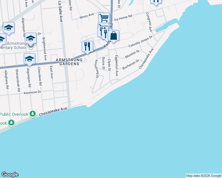 map of restaurants, bars, coffee shops, grocery stores, and more near 3818 Chesapeake Avenue in Hampton