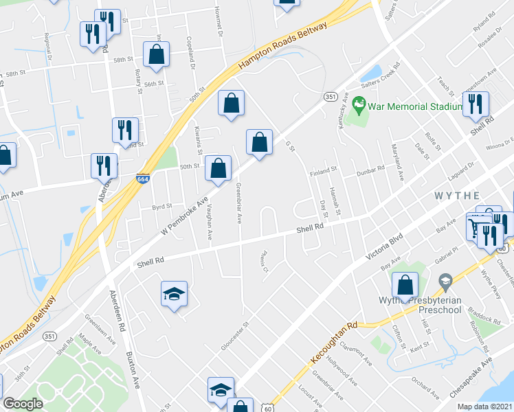 map of restaurants, bars, coffee shops, grocery stores, and more near 21 Suburban Parkway in Hampton