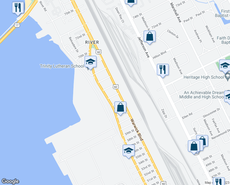 map of restaurants, bars, coffee shops, grocery stores, and more near 319 65th Street in Newport News