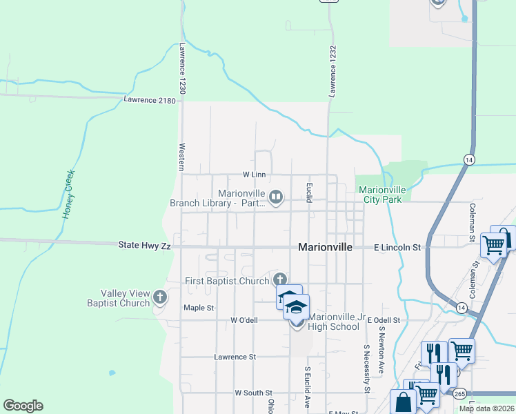 map of restaurants, bars, coffee shops, grocery stores, and more near 105 N Missouri St in Marionville