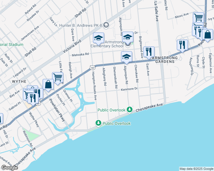 map of restaurants, bars, coffee shops, grocery stores, and more near 116 Alleghany Road in Hampton