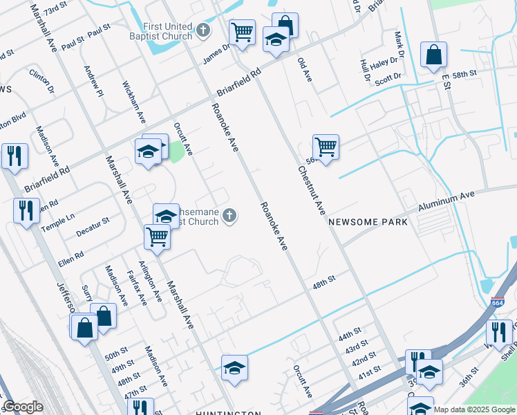 map of restaurants, bars, coffee shops, grocery stores, and more near 5403 Roanoke Avenue in Newport News