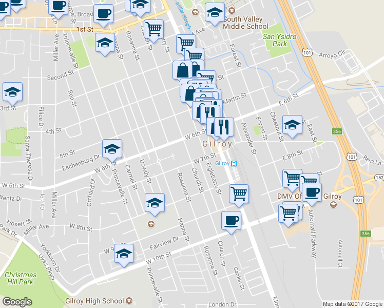 map of restaurants, bars, coffee shops, grocery stores, and more near 7330 Church Street in Gilroy