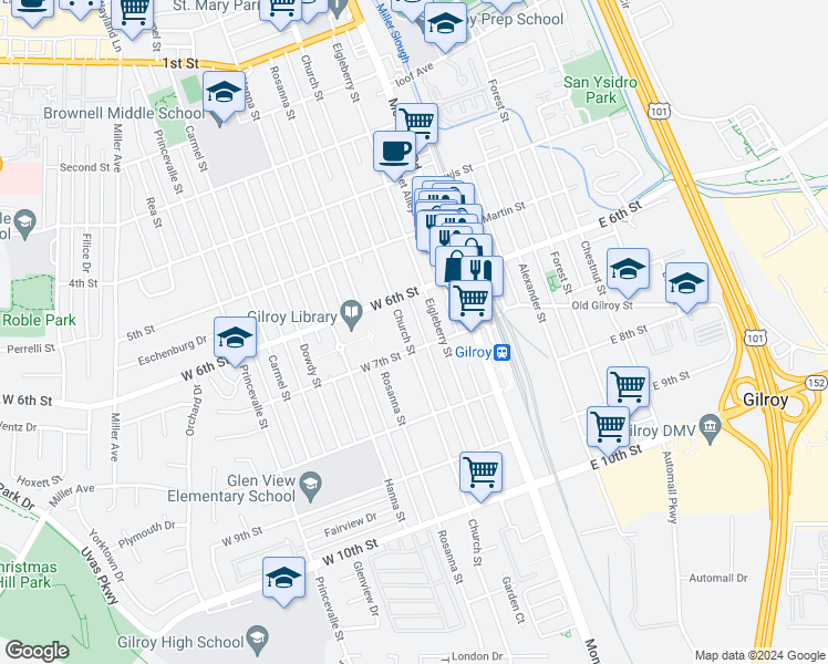 map of restaurants, bars, coffee shops, grocery stores, and more near 7330 Church Street in Gilroy