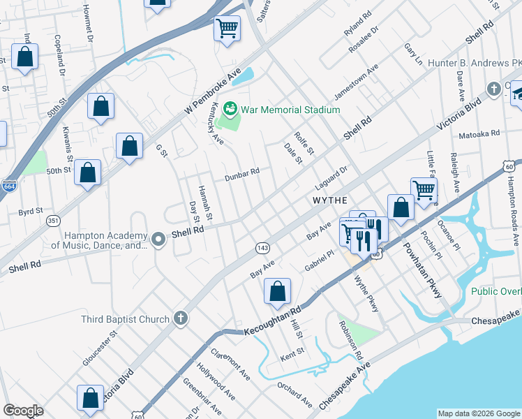 map of restaurants, bars, coffee shops, grocery stores, and more near 2017 Laguard Drive in Hampton