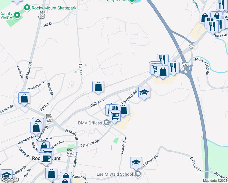 map of restaurants, bars, coffee shops, grocery stores, and more near 521 Pell Avenue in Rocky Mount