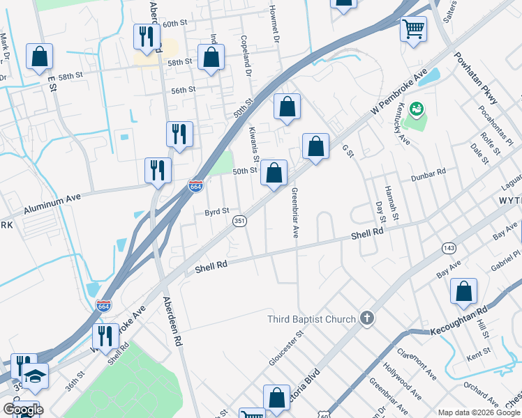 map of restaurants, bars, coffee shops, grocery stores, and more near 2221 West Pembroke Avenue in Hampton