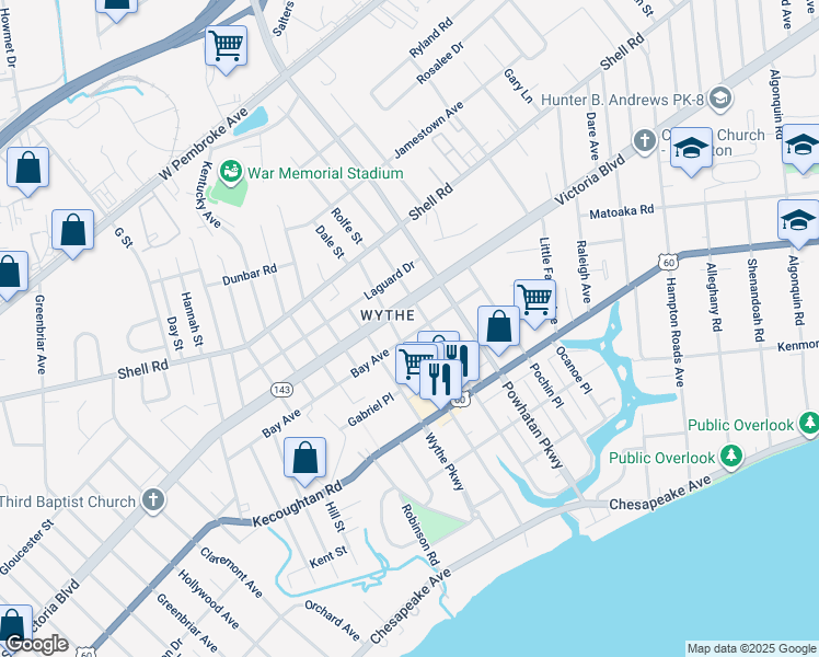 map of restaurants, bars, coffee shops, grocery stores, and more near 2409 Bay Avenue in Hampton