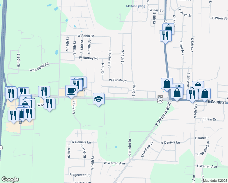 map of restaurants, bars, coffee shops, grocery stores, and more near 1601-1699 S 12th St in Ozark