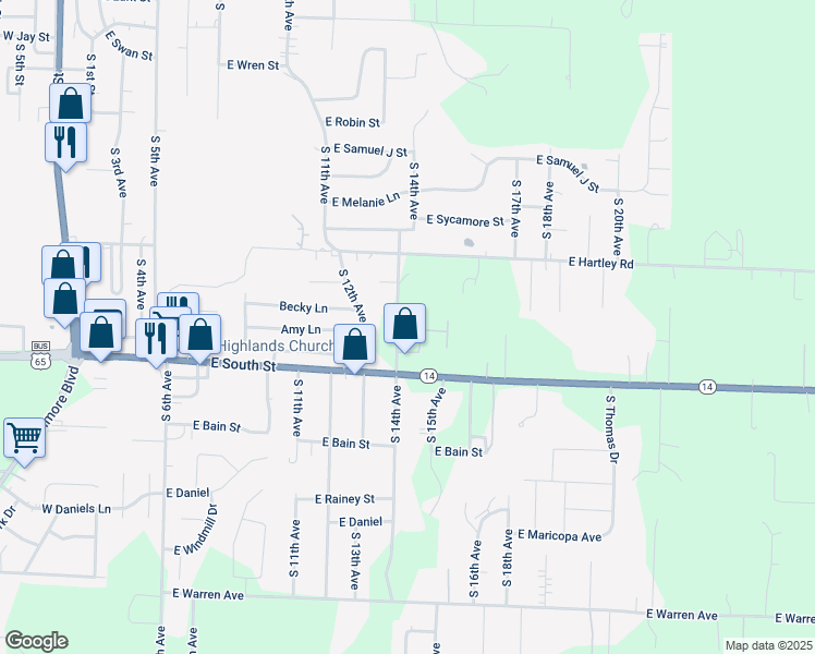 map of restaurants, bars, coffee shops, grocery stores, and more near 1570 South 14th Avenue in Ozark