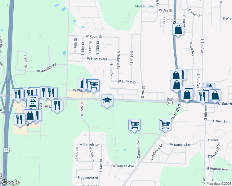 map of restaurants, bars, coffee shops, grocery stores, and more near 1601 South 12th Street in Ozark