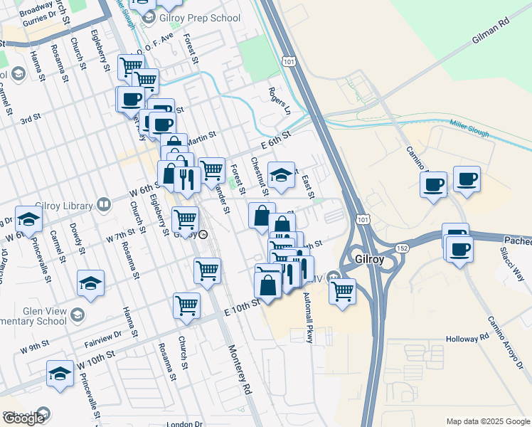 map of restaurants, bars, coffee shops, grocery stores, and more near 395 East 8th Street in Gilroy