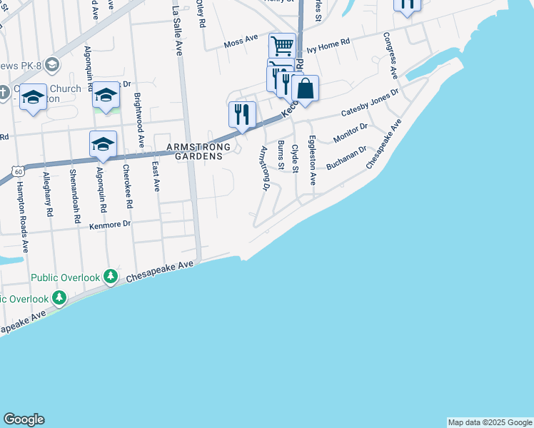 map of restaurants, bars, coffee shops, grocery stores, and more near 3814 Roads View Avenue in Hampton