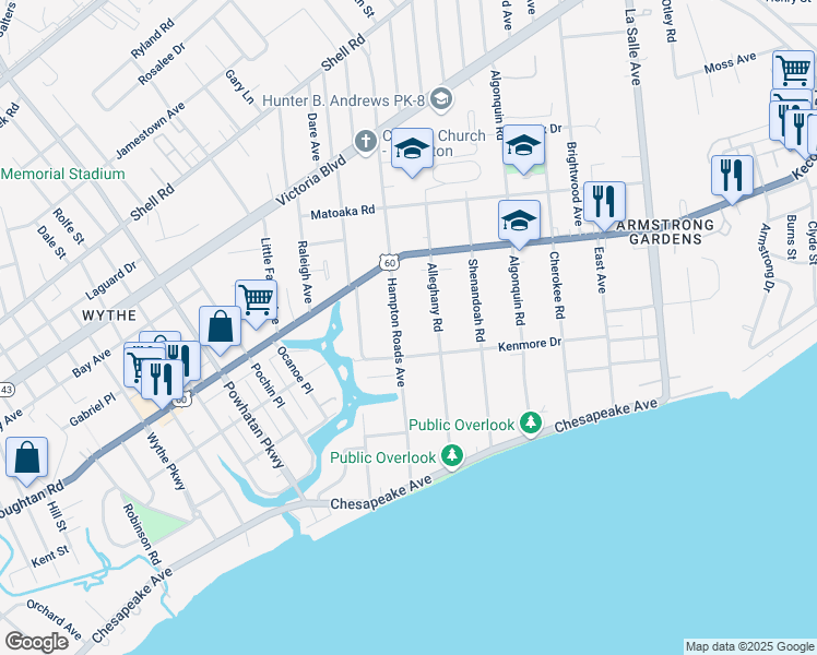 map of restaurants, bars, coffee shops, grocery stores, and more near 116 Hampton Roads Avenue in Hampton