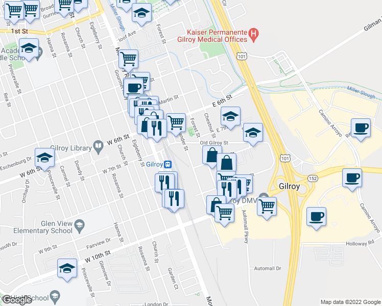 map of restaurants, bars, coffee shops, grocery stores, and more near 7250 Alexander Street in Gilroy