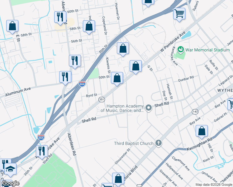 map of restaurants, bars, coffee shops, grocery stores, and more near 2221 West Pembroke Avenue in Hampton