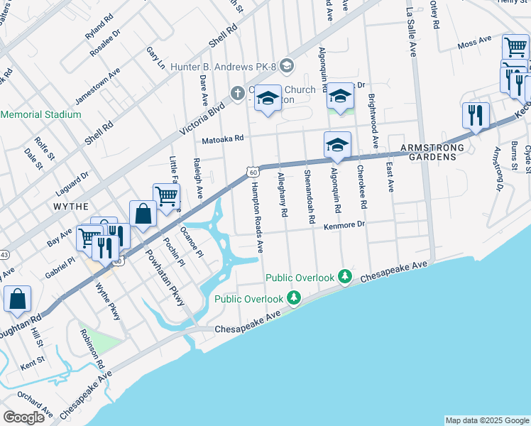 map of restaurants, bars, coffee shops, grocery stores, and more near 116 Hampton Roads Avenue in Hampton