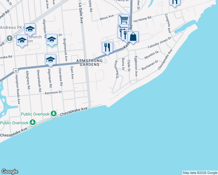 map of restaurants, bars, coffee shops, grocery stores, and more near 109 Armstrong Drive in Hampton