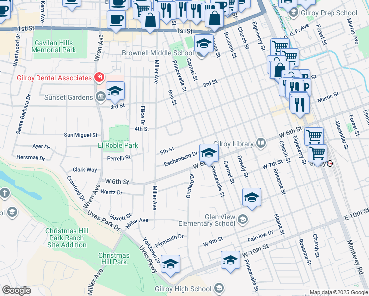 map of restaurants, bars, coffee shops, grocery stores, and more near 740 5th Street in Gilroy