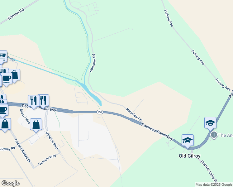 map of restaurants, bars, coffee shops, grocery stores, and more near 6780 Holsclaw Road in Gilroy