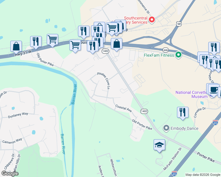 map of restaurants, bars, coffee shops, grocery stores, and more near 372 Pirates Cove Lane in Bowling Green