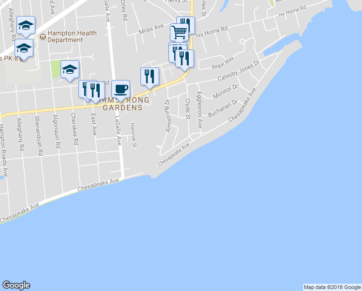 map of restaurants, bars, coffee shops, grocery stores, and more near 3822 Roads View Avenue in Hampton