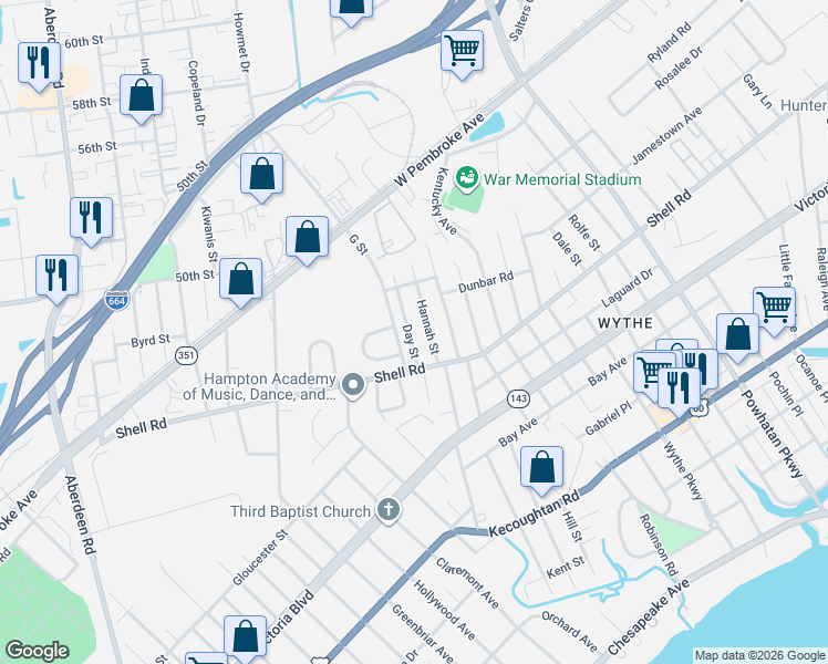 map of restaurants, bars, coffee shops, grocery stores, and more near 604 Day Street in Hampton