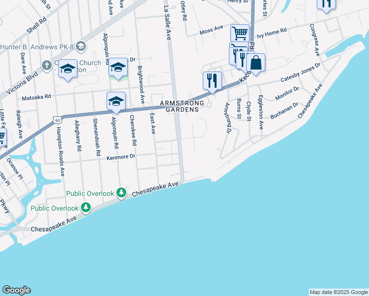 map of restaurants, bars, coffee shops, grocery stores, and more near 100 LaSalle Avenue in Hampton