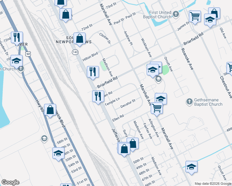 map of restaurants, bars, coffee shops, grocery stores, and more near 625 Temple Lane in Newport News