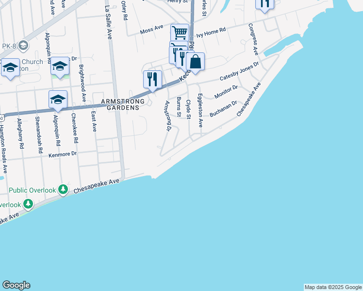 map of restaurants, bars, coffee shops, grocery stores, and more near 3822 Roads View Avenue in Hampton