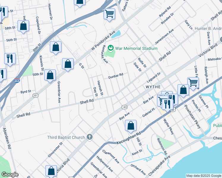 map of restaurants, bars, coffee shops, grocery stores, and more near 607 Delaware Avenue in Hampton