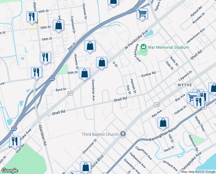 map of restaurants, bars, coffee shops, grocery stores, and more near 29 Suburban Parkway in Hampton