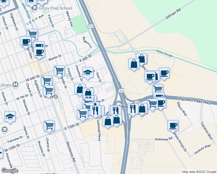 map of restaurants, bars, coffee shops, grocery stores, and more near 7151 Crocker Lane in Gilroy