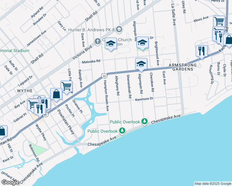 map of restaurants, bars, coffee shops, grocery stores, and more near 127 Alleghany Road in Hampton